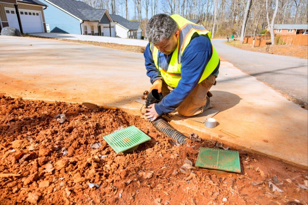 Professional landscaper evaluating drainage and water flow in a residential yard