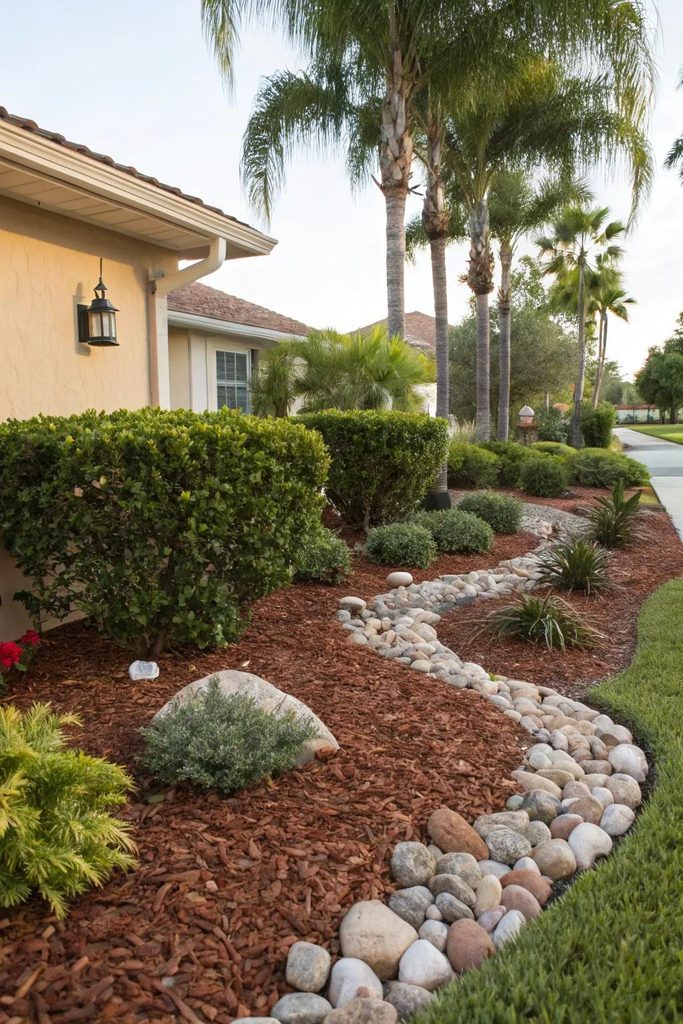 Mulch rock or gravel for landscape beds in North Port featuring decorative river rocks beside ornamental plants
