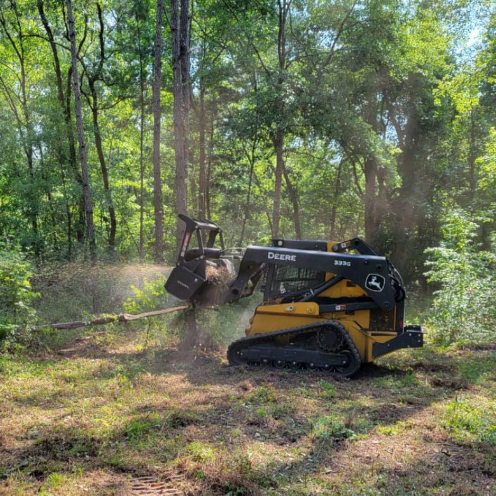 Forestry mulching equipment managing overgrown vegetation while preserving selected trees in North Port