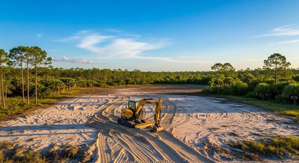 House pad site preparation in North Port with grading equipment working on cleared residential land