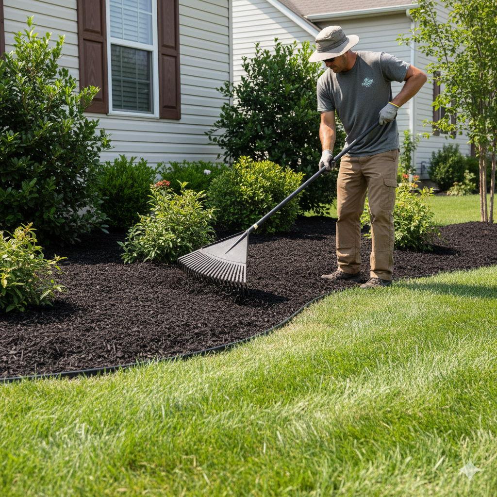 Landscape contractor preparing a residential planting bed before installing new ground-cover material in North Port