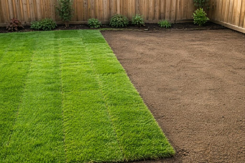 Residential landscape area being prepared for lawn restoration or new planting after stump grinding