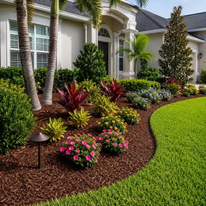 Mulch rock or gravel for landscape beds in North Port showing organic mulch around residential plants