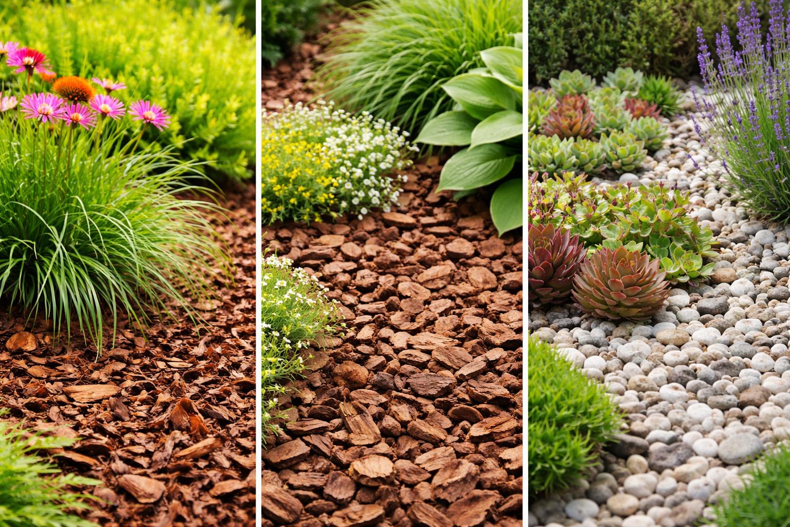 Mulch rock or gravel for landscape beds in North Port comparison showing three ground-cover materials