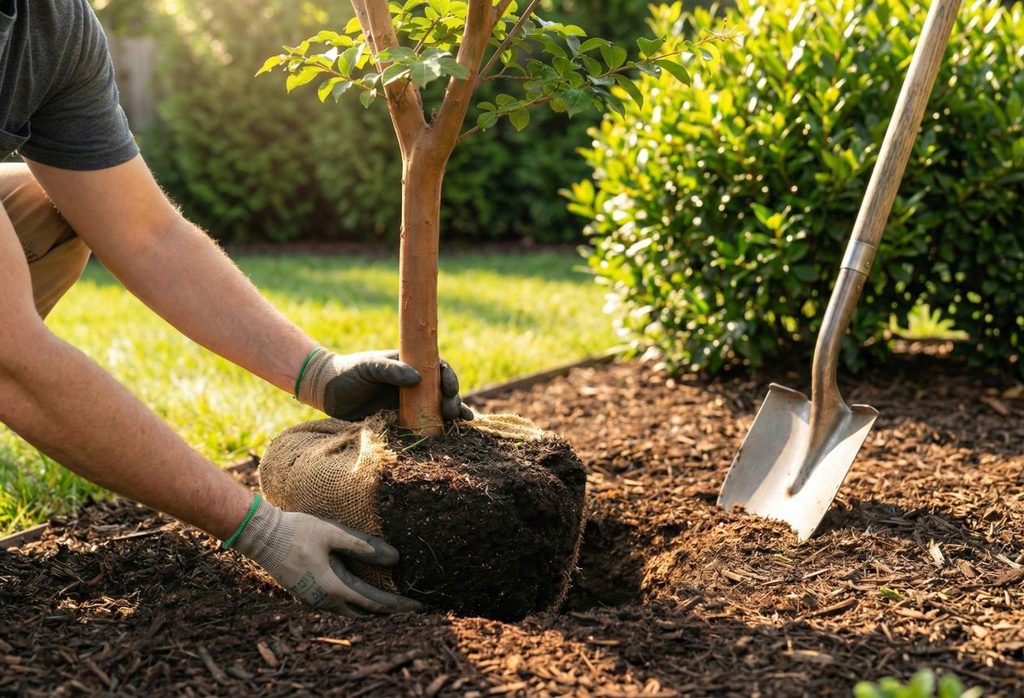 Young replacement tree being planted in a suitable location in a North Port residential landscape