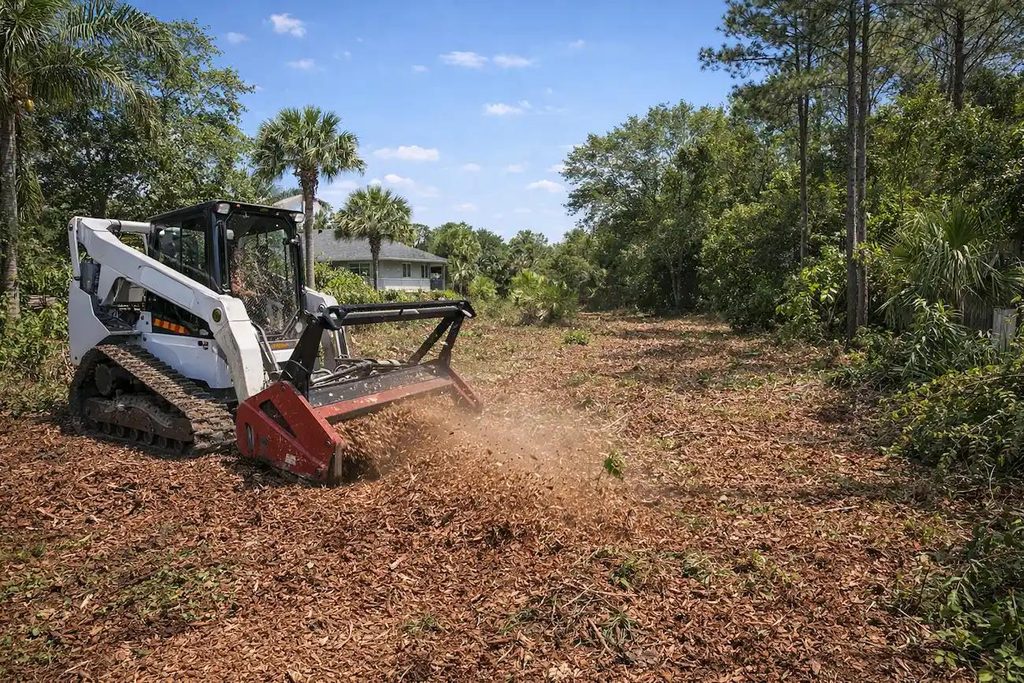 Skid steer equipment handling vegetation debris during a North Port lot clearing project