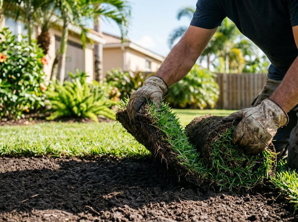 Installing fresh sod over prepared soil to restore a residential lawn after stump removal
